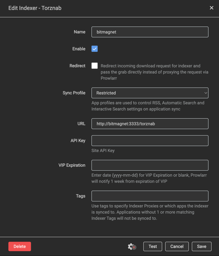Prowlarr 配置 bitmagnet